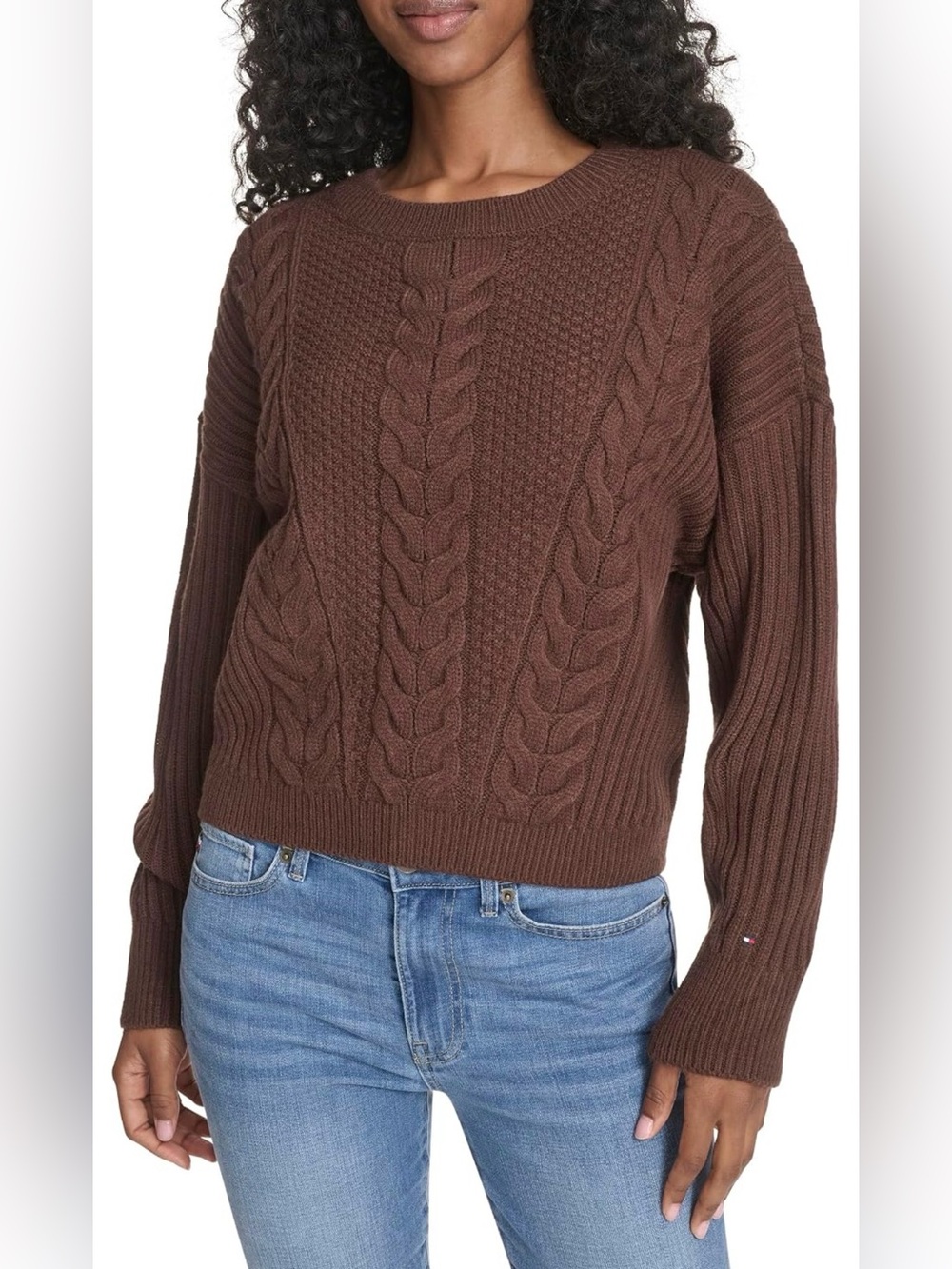 TOMMY HILFIGER Bobbi Solid Cable Crewneck Pullover Sweater Chicory Brown L